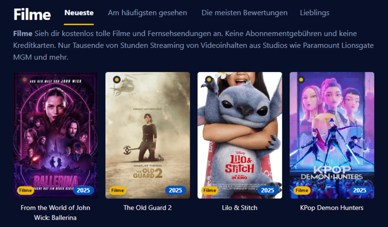 Screenshot der Filmpalast Benutzeroberfläche die unterschiedliche Filmtitel und Serienepisoden darstellt